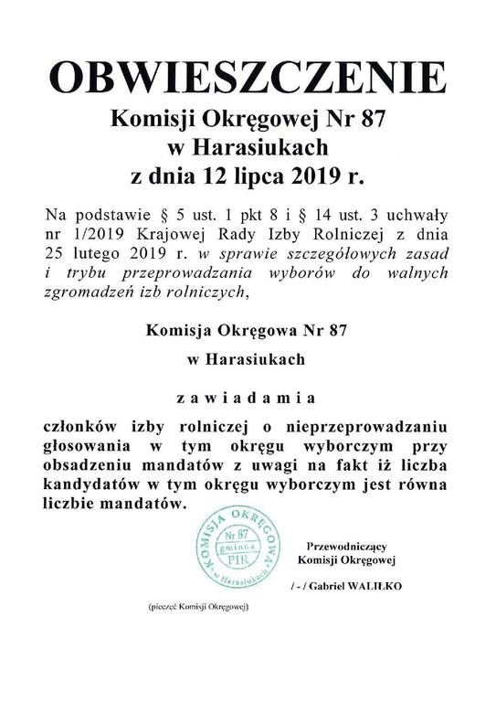 Obwieszczenie Komisji Okręgowej Nr 87 w Harasiukach z dnia 12 lipca 2019 r.