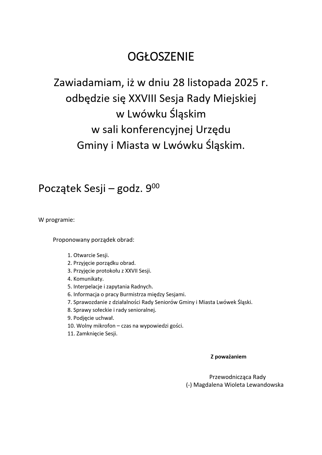 Ogłoszenie o terminie Sesji Rady Miejskiej_28.11.2025 r.