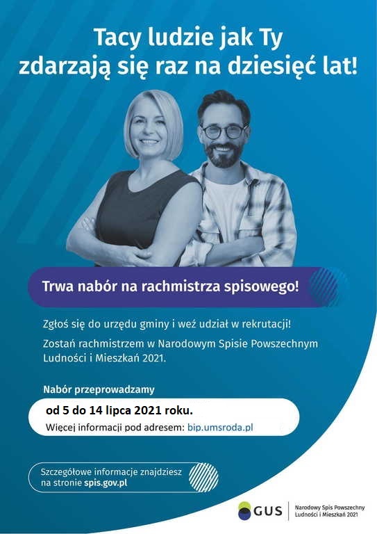 Trwa nabór na rachmistrza spisowego NSP2021! Zgłoś się do urzędu gminy i weź udział w rekrutacji. Nabór przeprowadzamy 5-14 lipca 2021 roku.