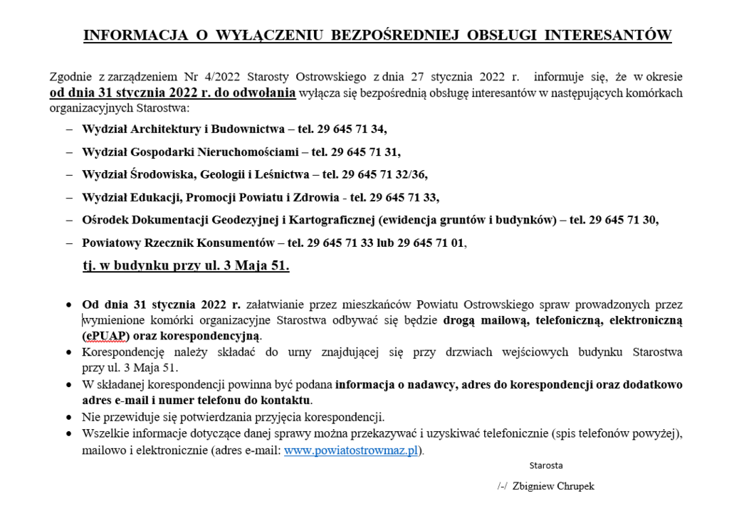 Informacja o wyłączeniu bezpośredniej obsługi Interesantów 