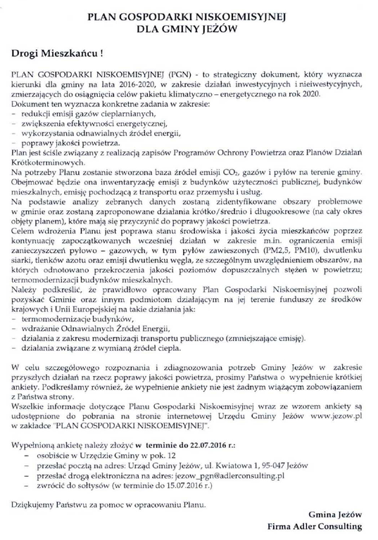 Plan gospodarki niskoemisyjnej dla Gminy Jeżów