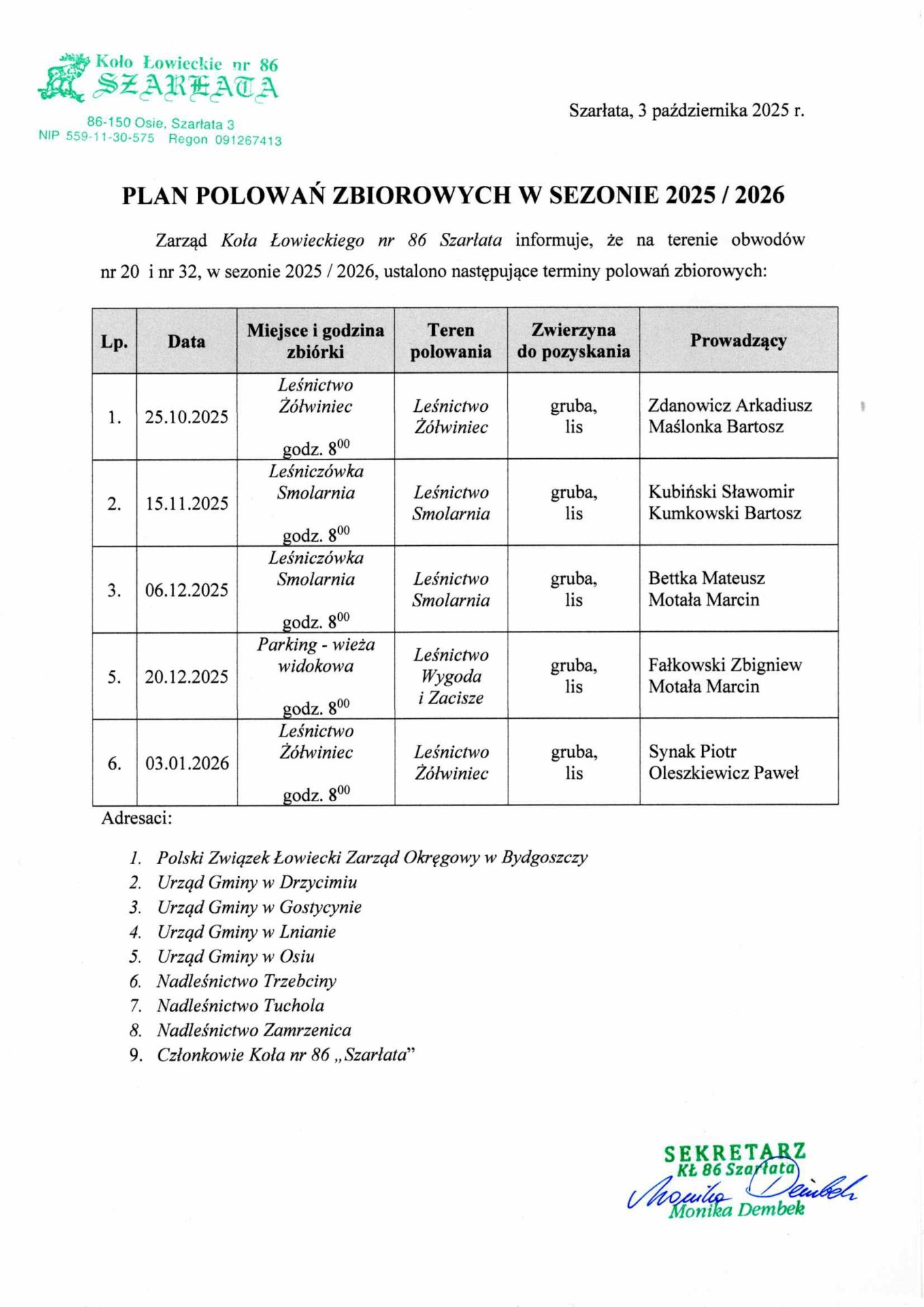 Plan polowań zbiorowych w sezonie 2025/2026 KŁ SZARŁATA