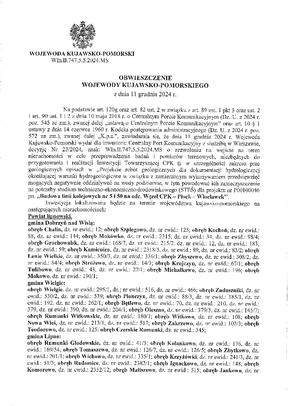 Obwieszczenie Wojewody Kujawsko-Pomorskiego „Budowa linii kolejowych nr 5 i 50 na odc. Węzeł CPK - Płock - Włocławek 1