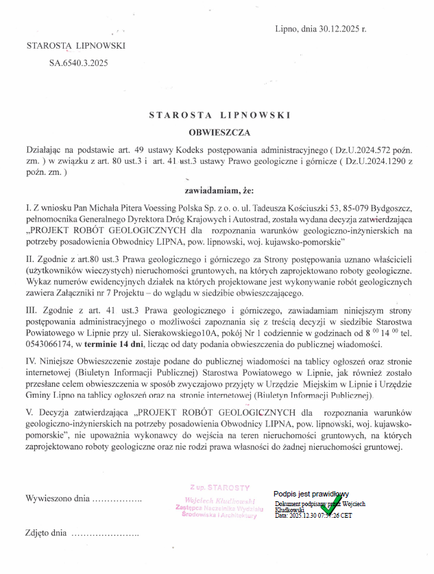 Obwieszczenie Starosty Lipnowskiego z dnia 30.12.2025 w sprawie wydania decyzji zatwierdzajacej projekt robót geologicznych na potrzeby posadowienia obwodnicy Lipna